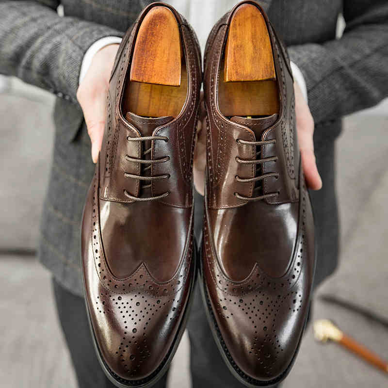 Men's Handmade Cowhide Brogue Leather Shoes, Pointed Toe