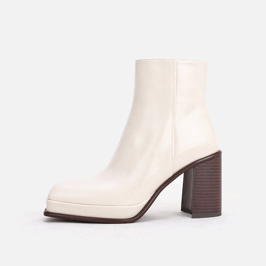 Waterproof Leather Ankle Boots Thick Heel Square Toe