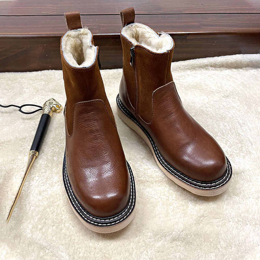 Men's Leather Sheepskin Fur Snow Boots - Zippered Flat