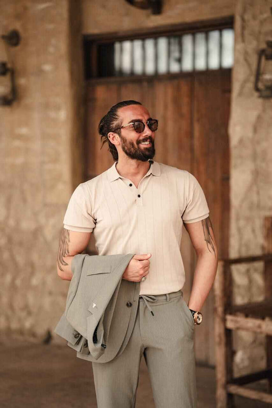 Men's Light Beige Knit Polo Shirt