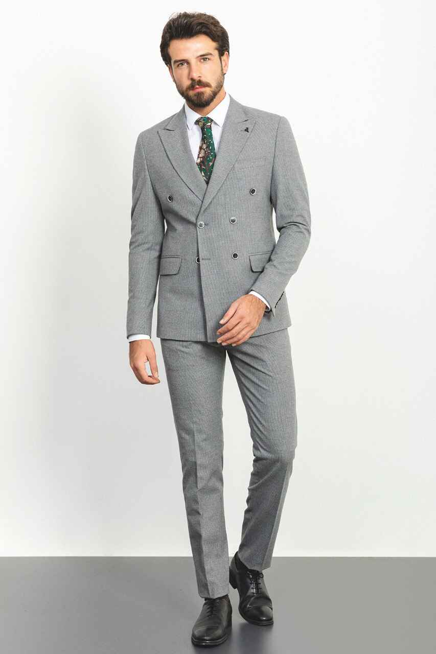 Gray Special Design Slim Fit Double Breasted Suit
