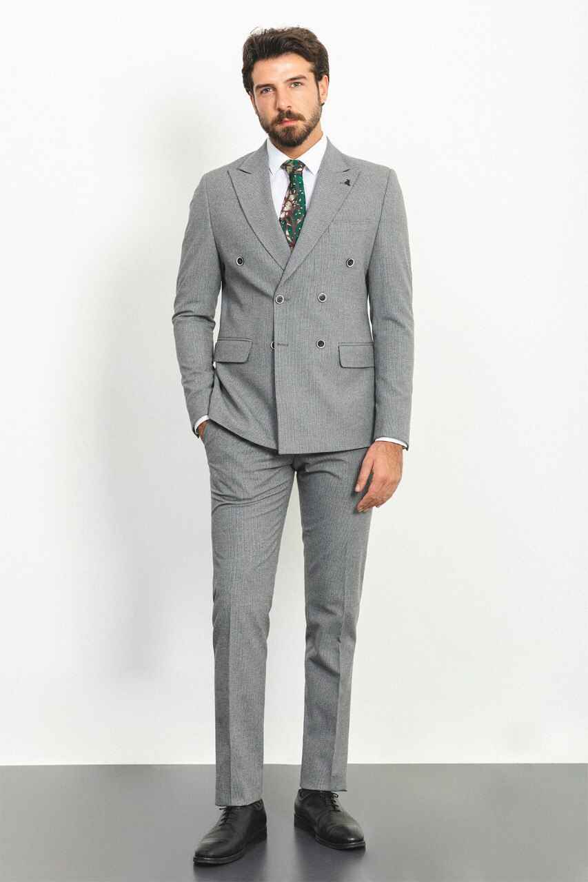 Gray Special Design Slim Fit Double Breasted Suit
