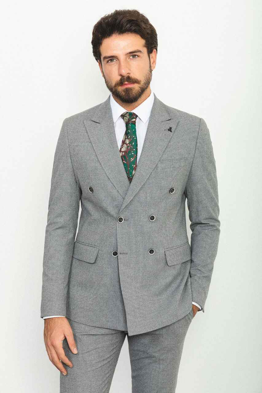 Gray Special Design Slim Fit Double Breasted Suit