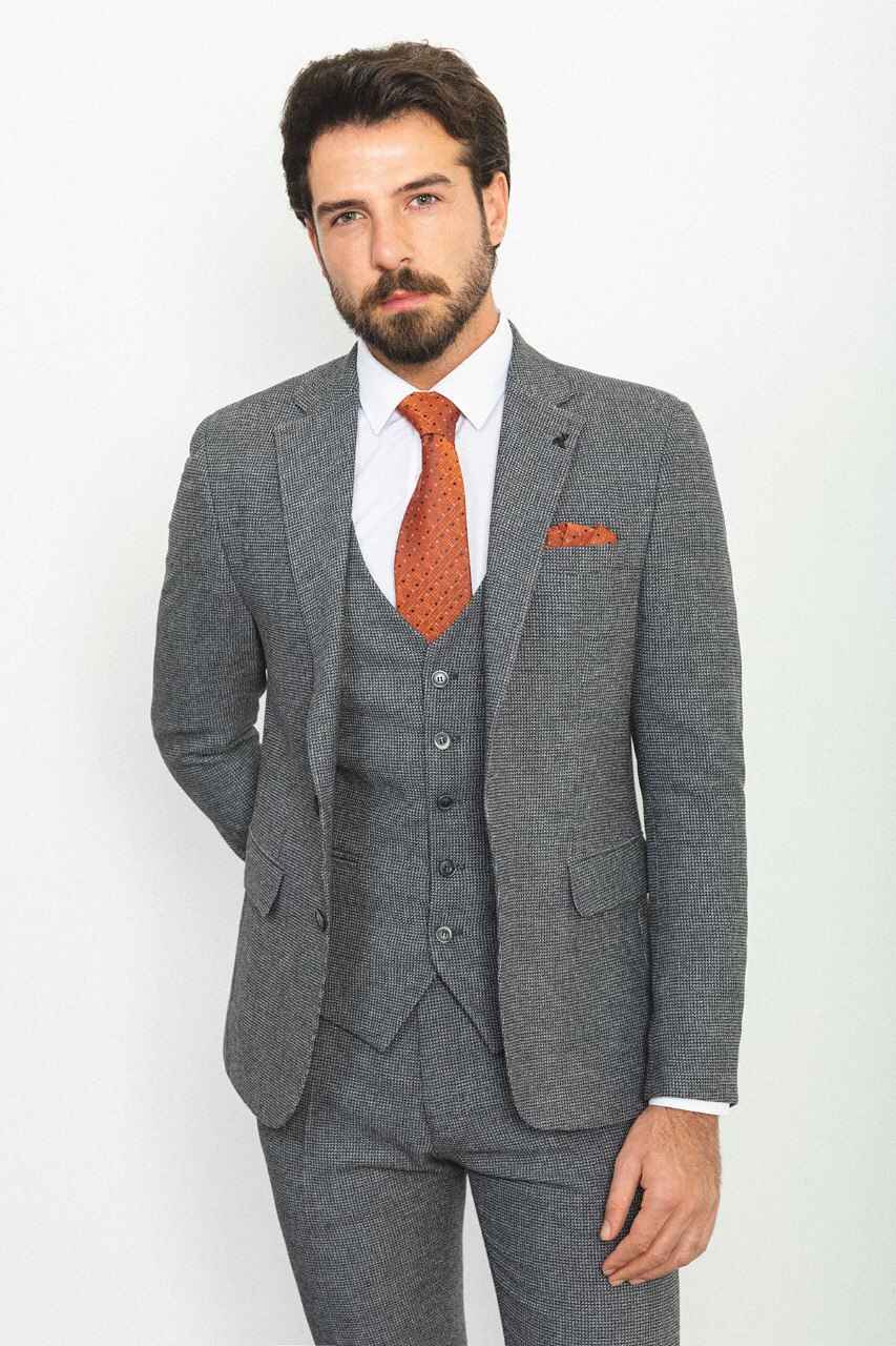 Dark Gray Textured Slim Fit Three-Piece Suit