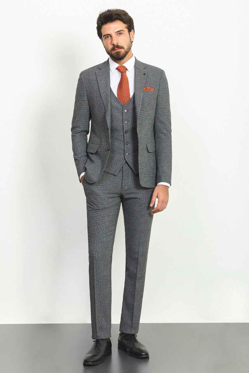 Dark Gray Textured Slim Fit Three-Piece Suit