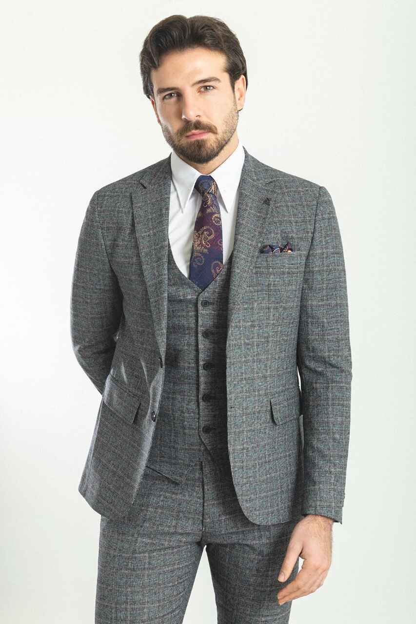 Dark Gray Patterned Slim Fit Three-Piece Suit