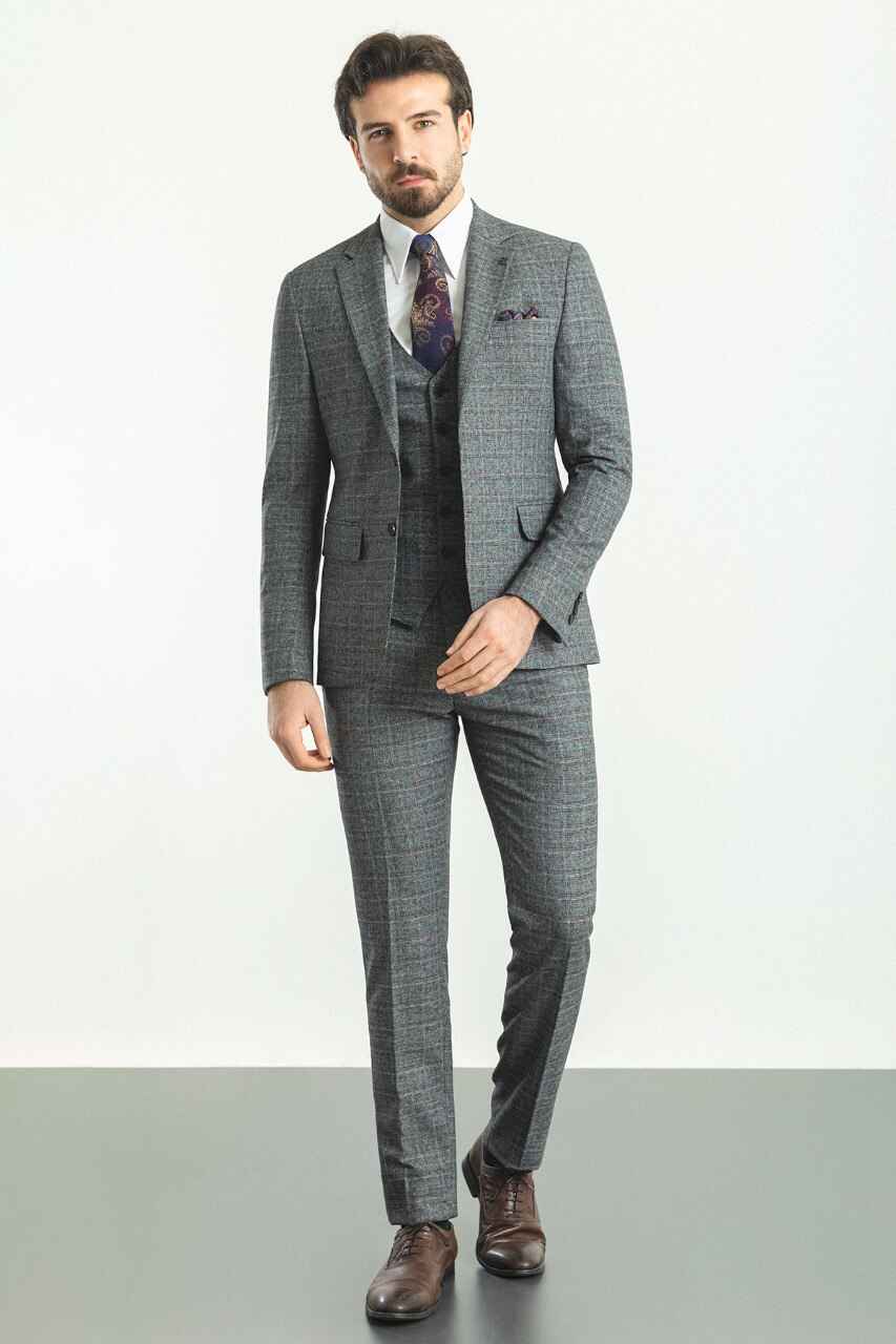 Dark Gray Patterned Slim Fit Three-Piece Suit