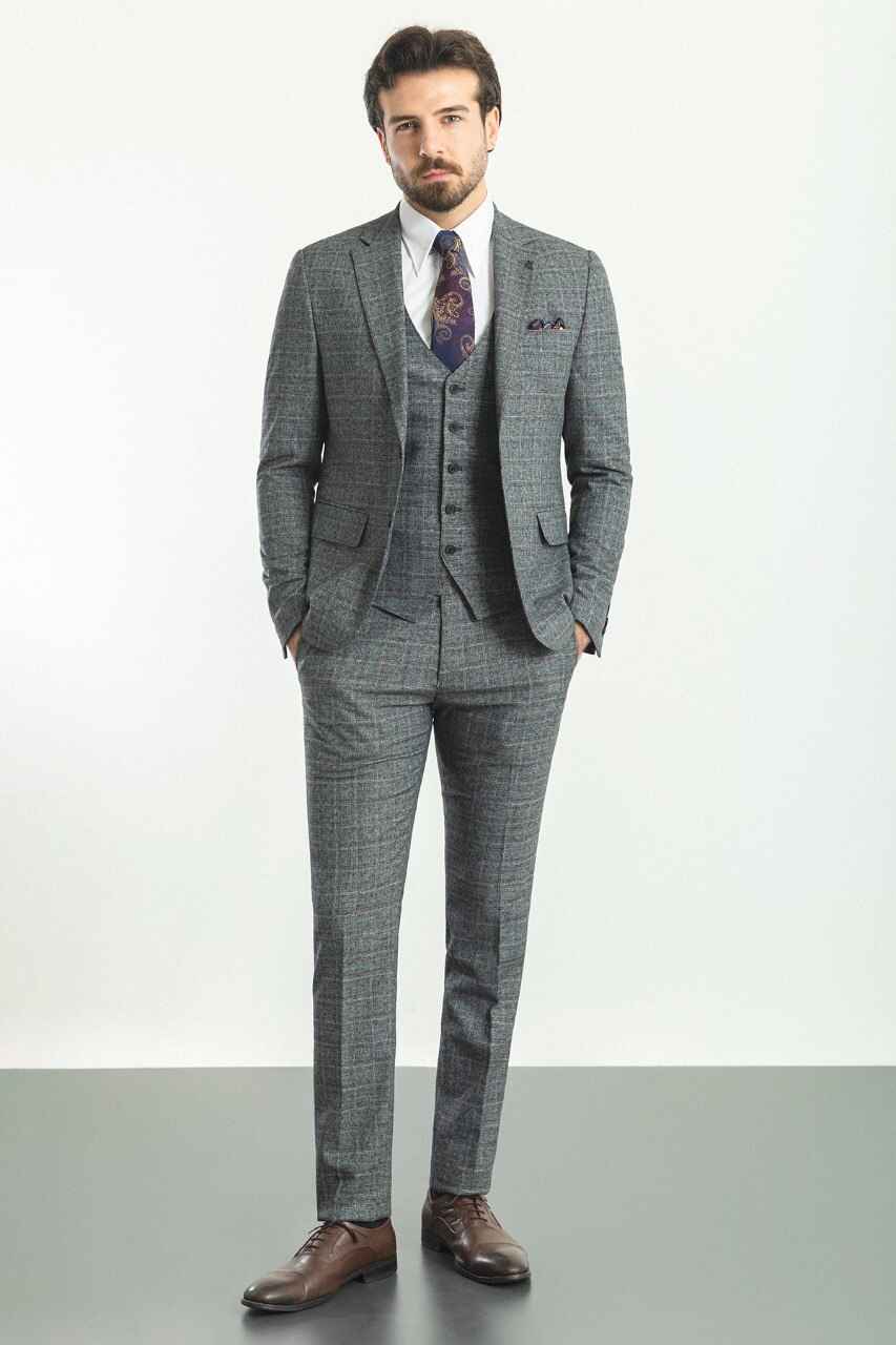 Dark Gray Patterned Slim Fit Three-Piece Suit