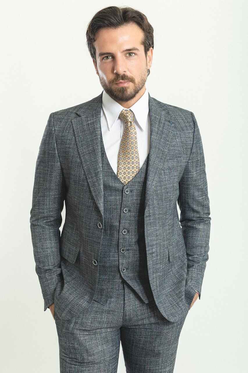 Gray Textured Slim Fit Three-Piece Suit