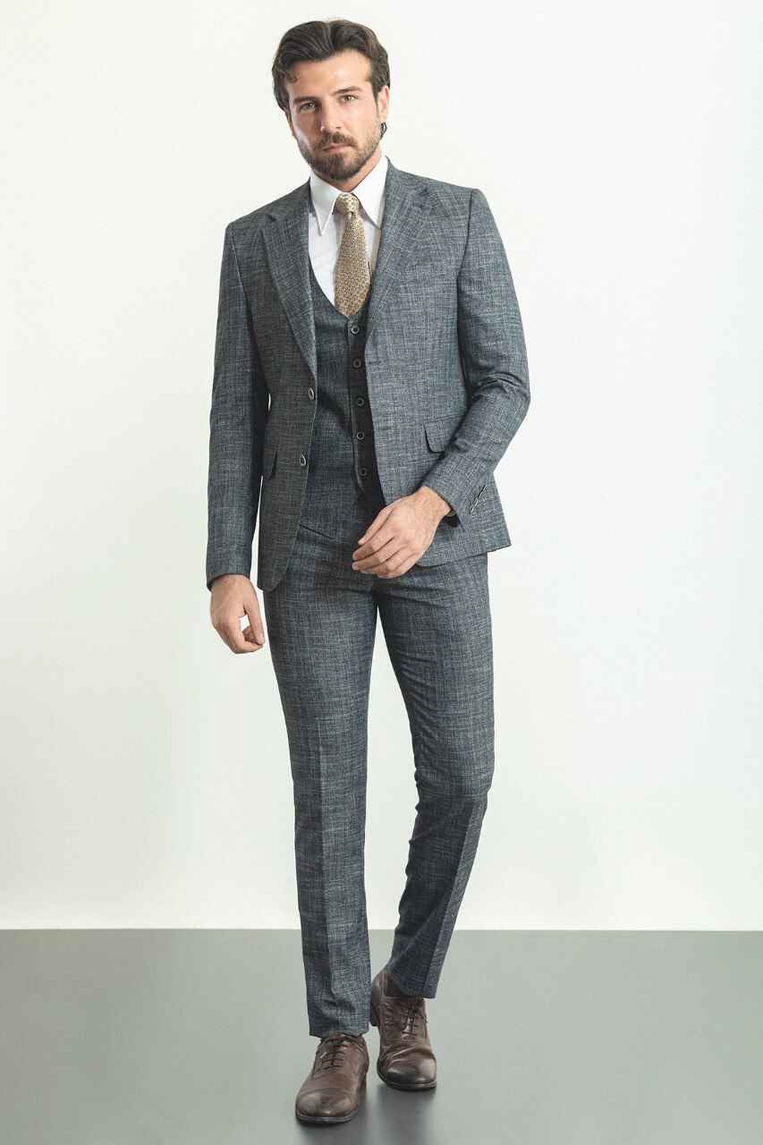 Gray Textured Slim Fit Three-Piece Suit
