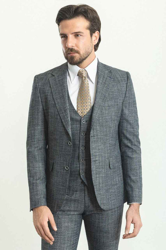 Gray Textured Slim Fit Three-Piece Suit