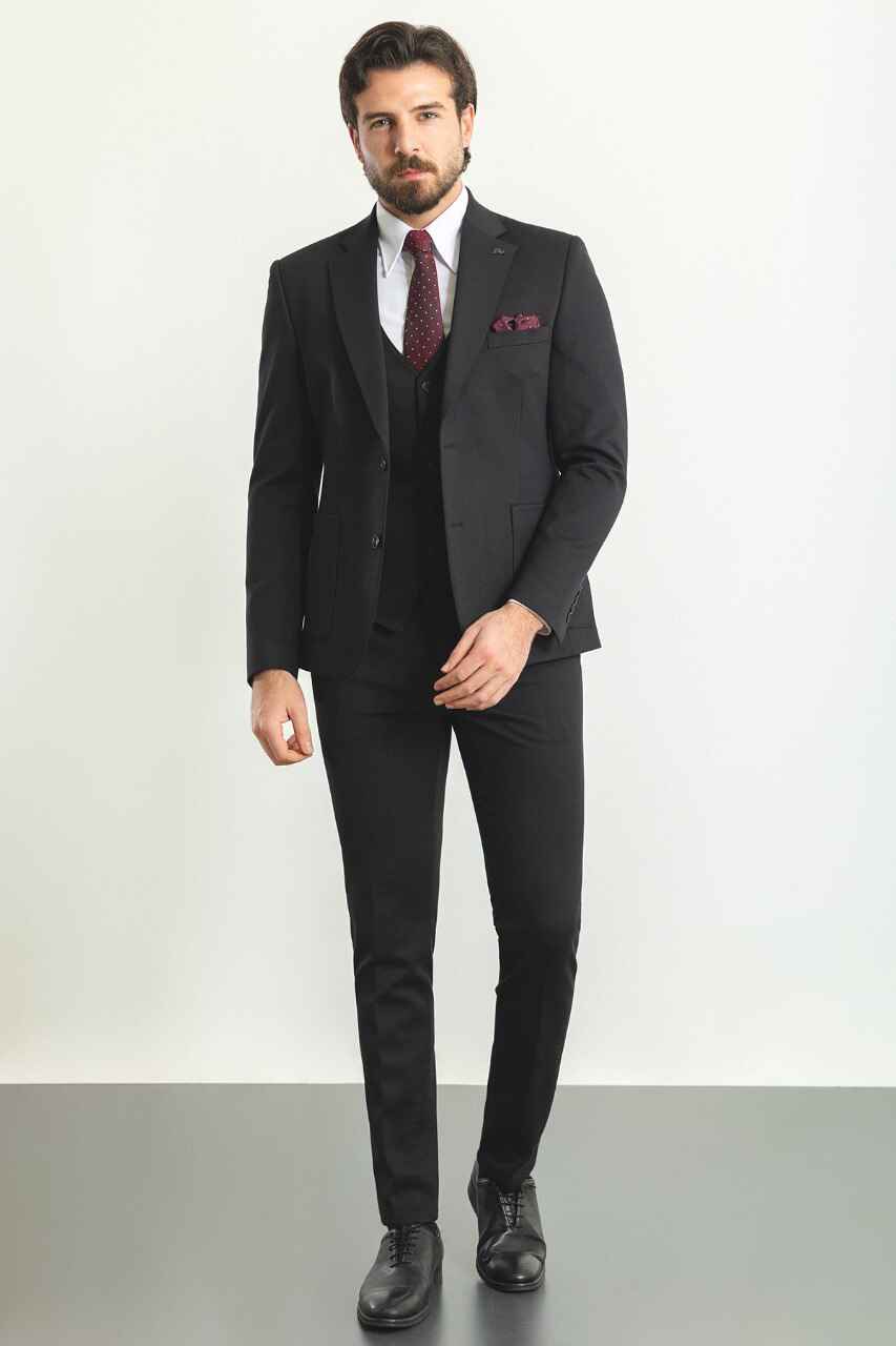 Black Modern Slim Fit Three-Piece Suit
