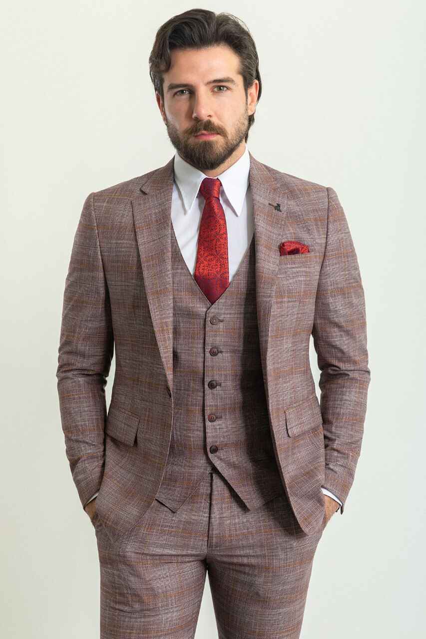 Burgundy Check Slim Fit Three-Piece Suit