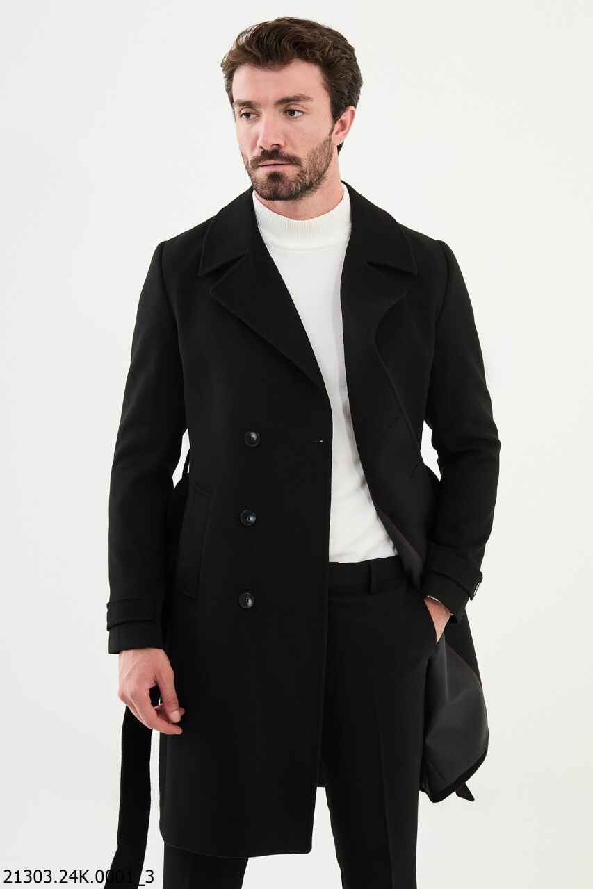 Classic Black Wool Blend Trench Coat