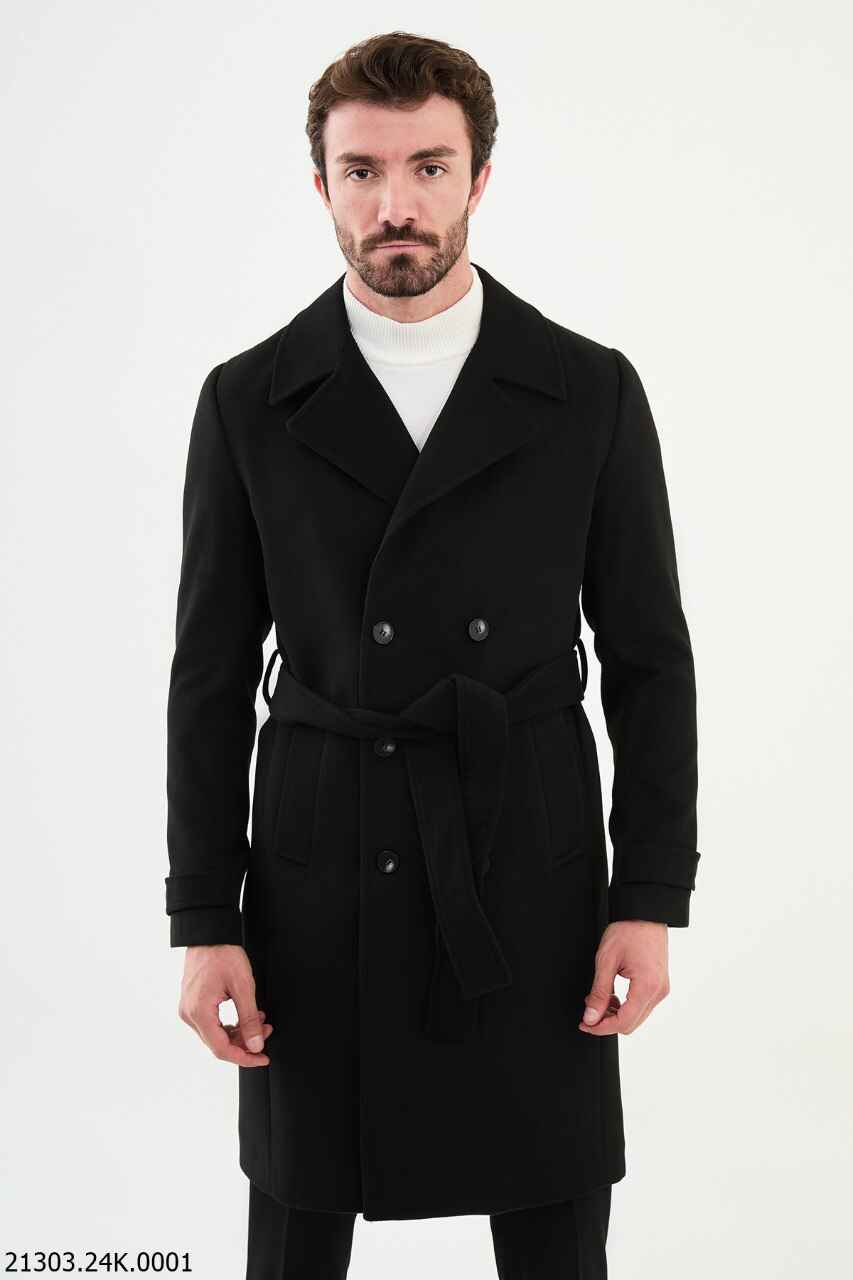 Classic Black Wool Blend Trench Coat