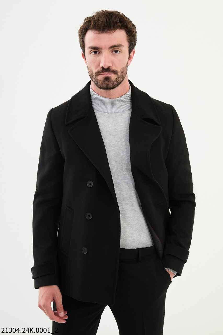 Men's Black Cotton Blend Peacoat Jacket