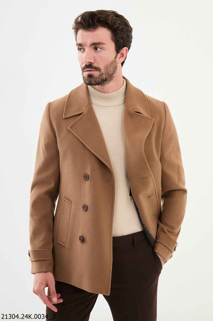 Tan Point Collar Cotton Blend Coat