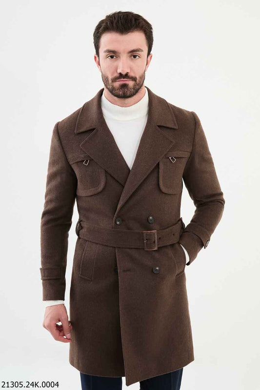 Men's Brown Belted Wool Blend Trench Coat