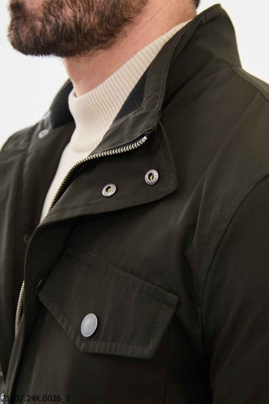 Green Zip Front Stand Collar Jacket