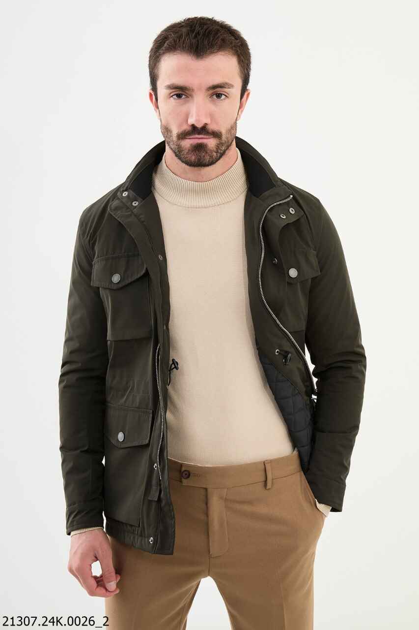 Green Zip Front Stand Collar Jacket