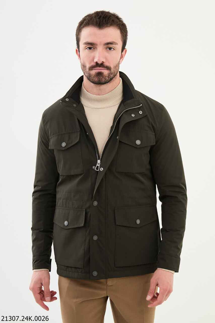 Green Zip Front Stand Collar Jacket
