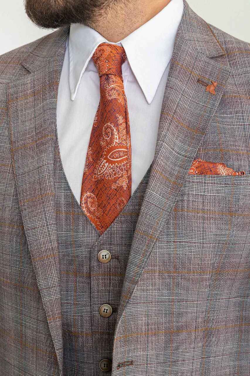 Grey & Orange Check Slim Fit Three-Piece Suit
