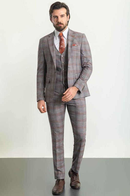 Grey & Orange Check Slim Fit Three-Piece Suit