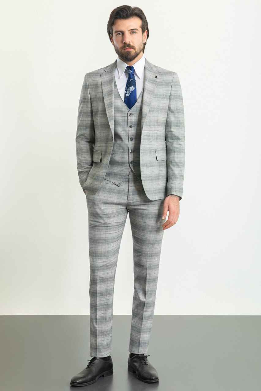Grey & Blue Check Slim Fit Three-Piece Suit