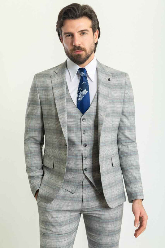 Grey & Blue Check Slim Fit Three-Piece Suit