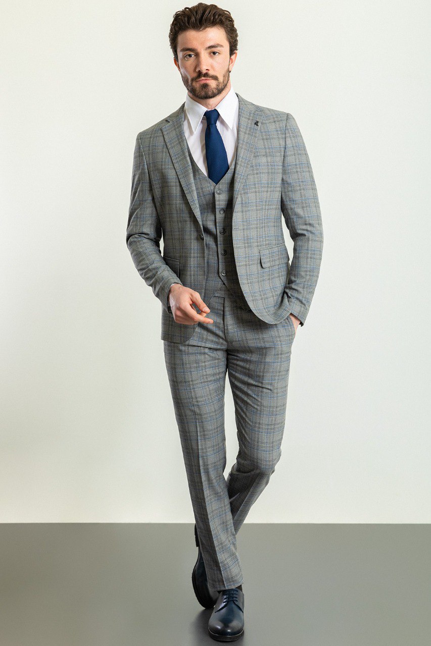 Grey & Blue Plaid Slim Fit Three-Piece Suit