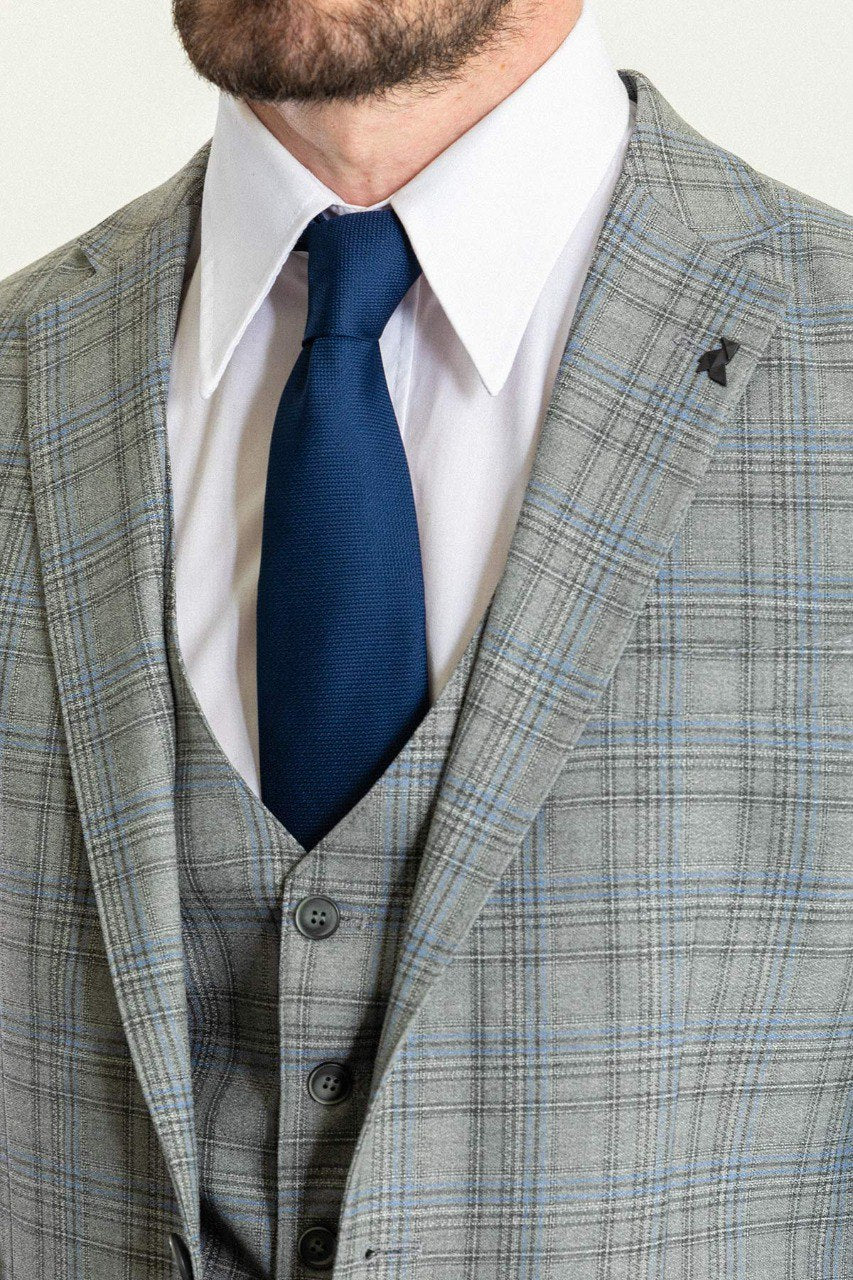 Grey & Blue Plaid Slim Fit Three-Piece Suit