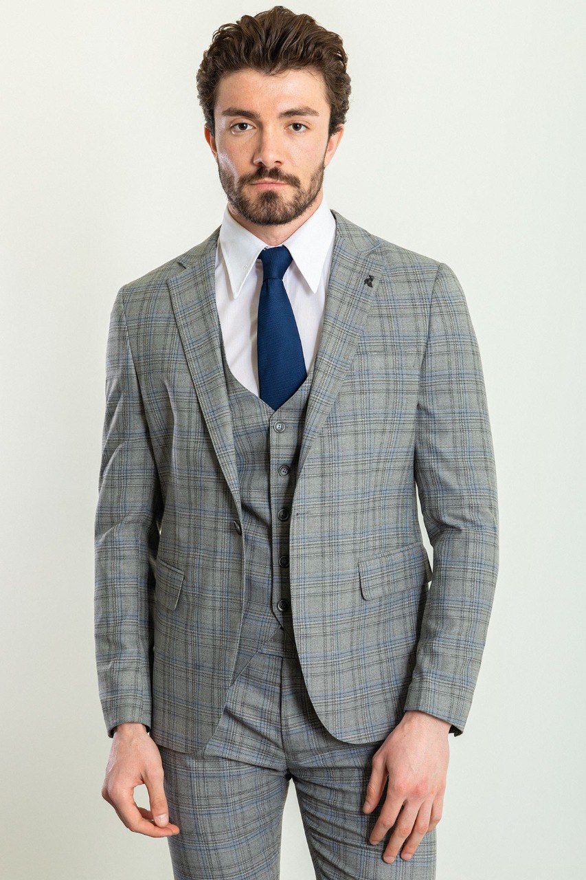 Grey & Blue Plaid Slim Fit Three-Piece Suit