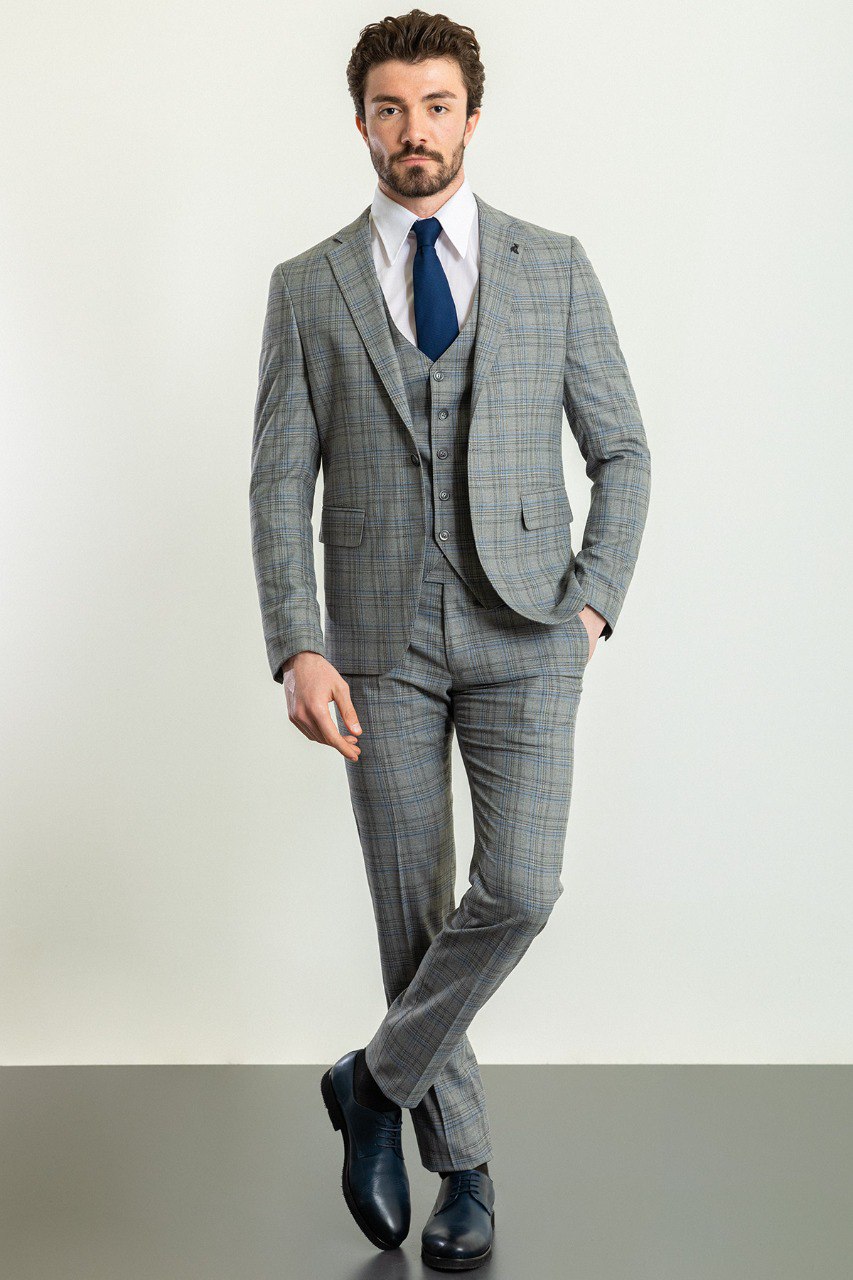 Grey & Blue Plaid Slim Fit Three-Piece Suit