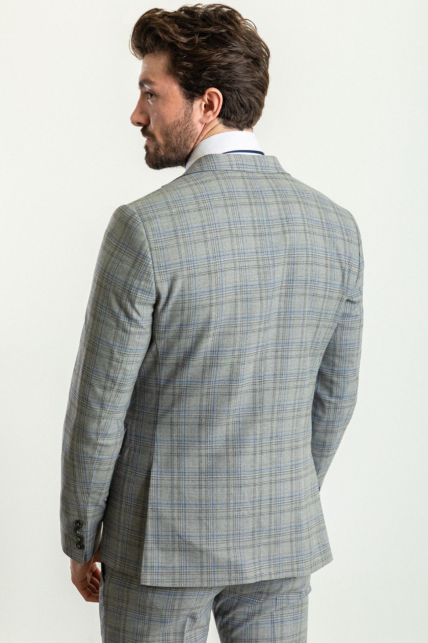 Grey & Blue Plaid Slim Fit Three-Piece Suit
