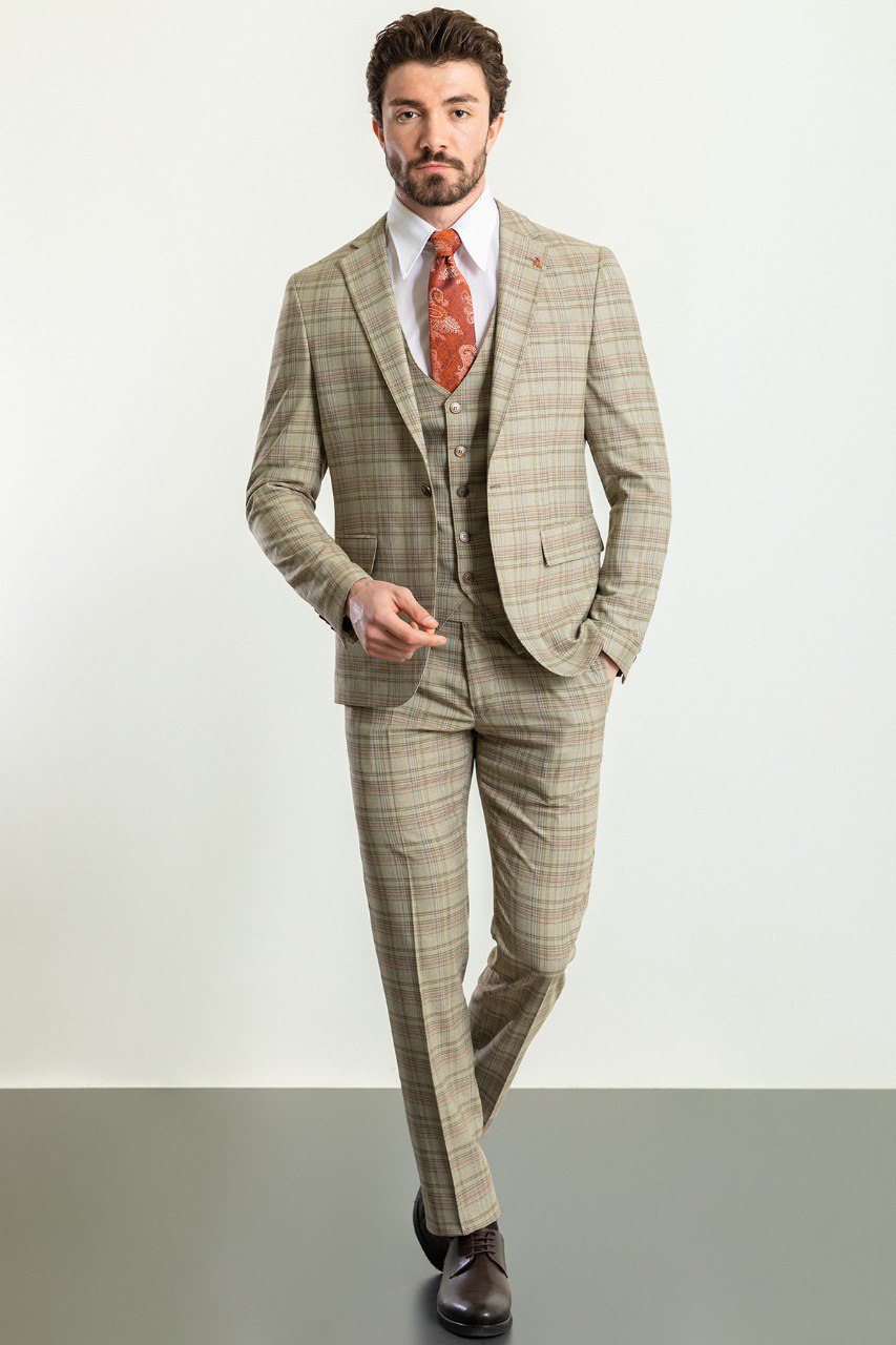 Camel Plaid Slim Fit Three-Piece Suit