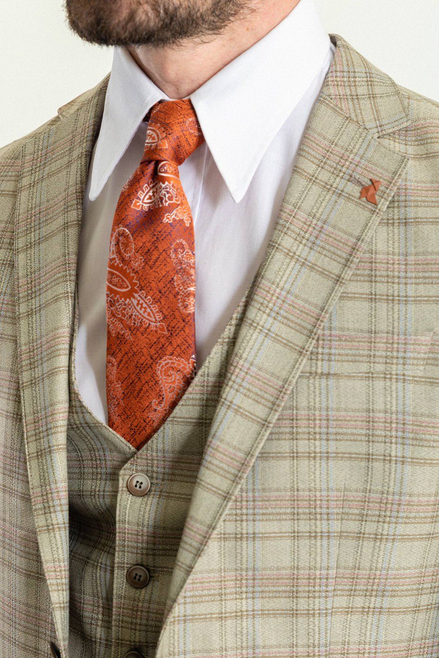 Camel Plaid Slim Fit Three-Piece Suit