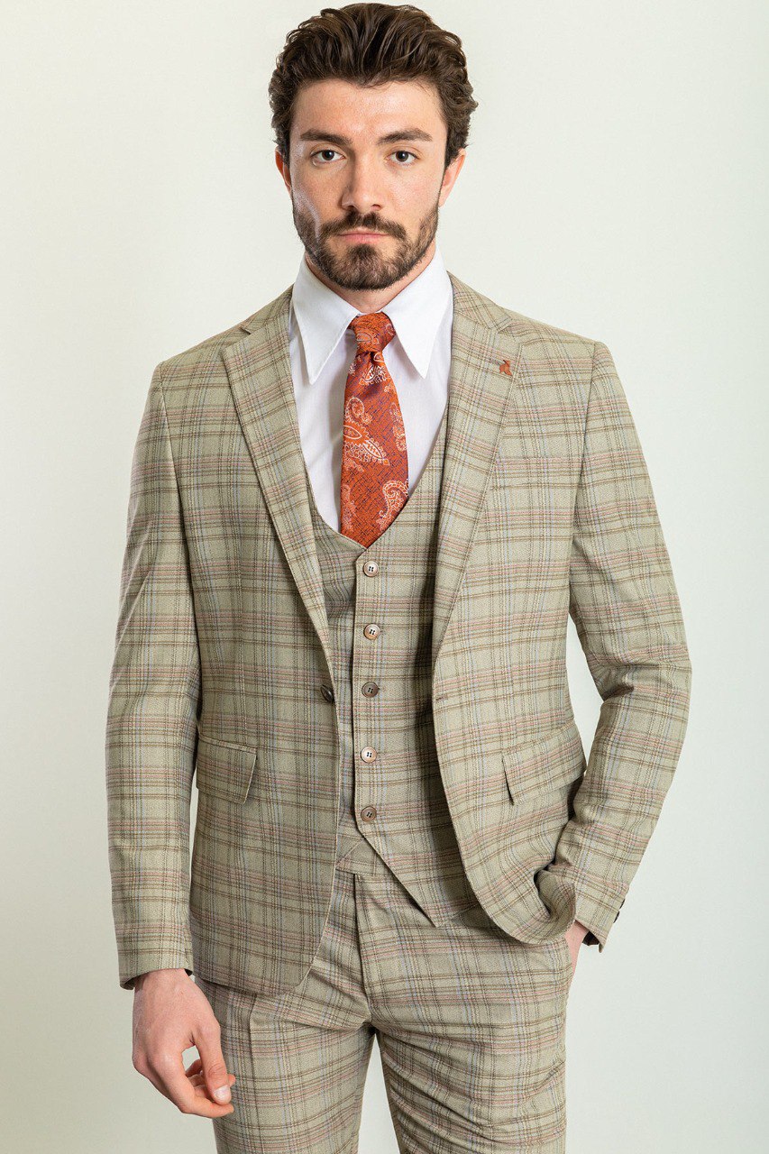 Camel Plaid Slim Fit Three-Piece Suit
