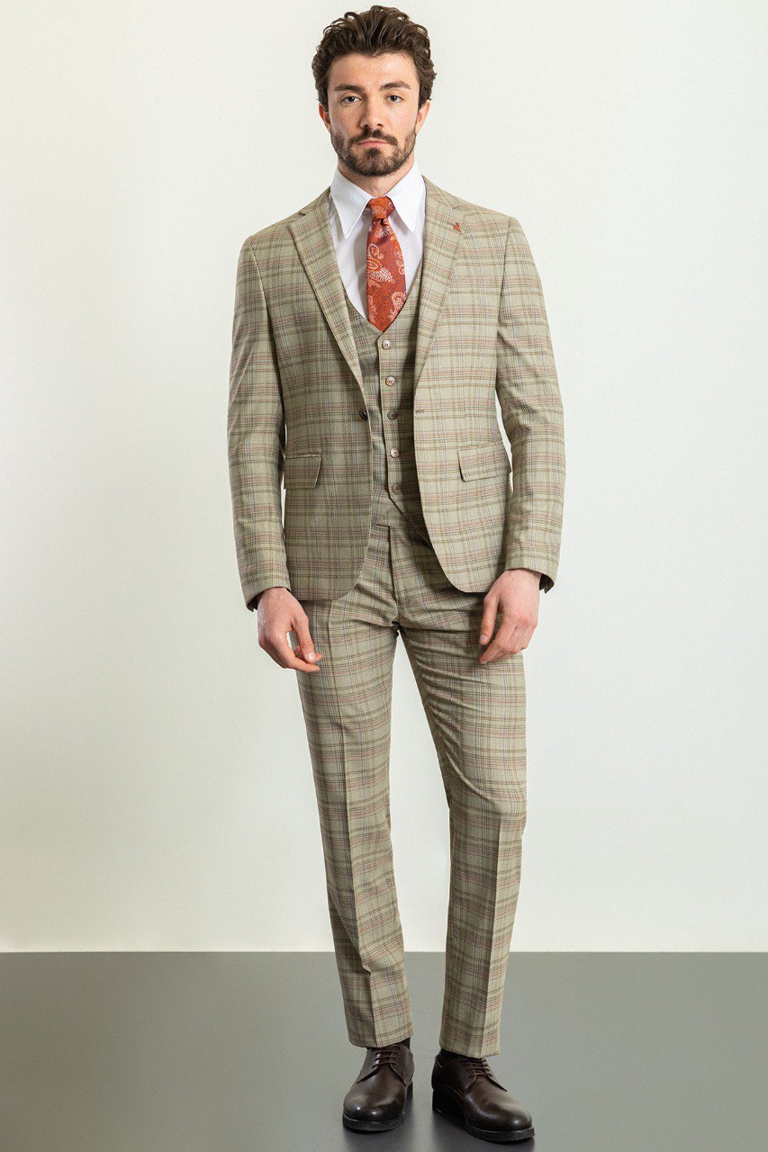 Camel Plaid Slim Fit Three-Piece Suit