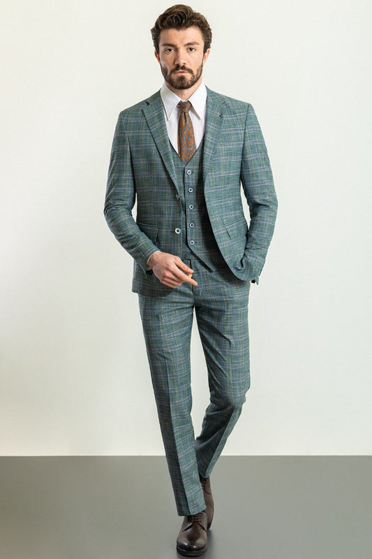 Green Plaid Slim Fit Three-Piece Suit