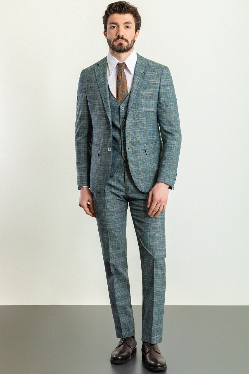 Green Plaid Slim Fit Three-Piece Suit