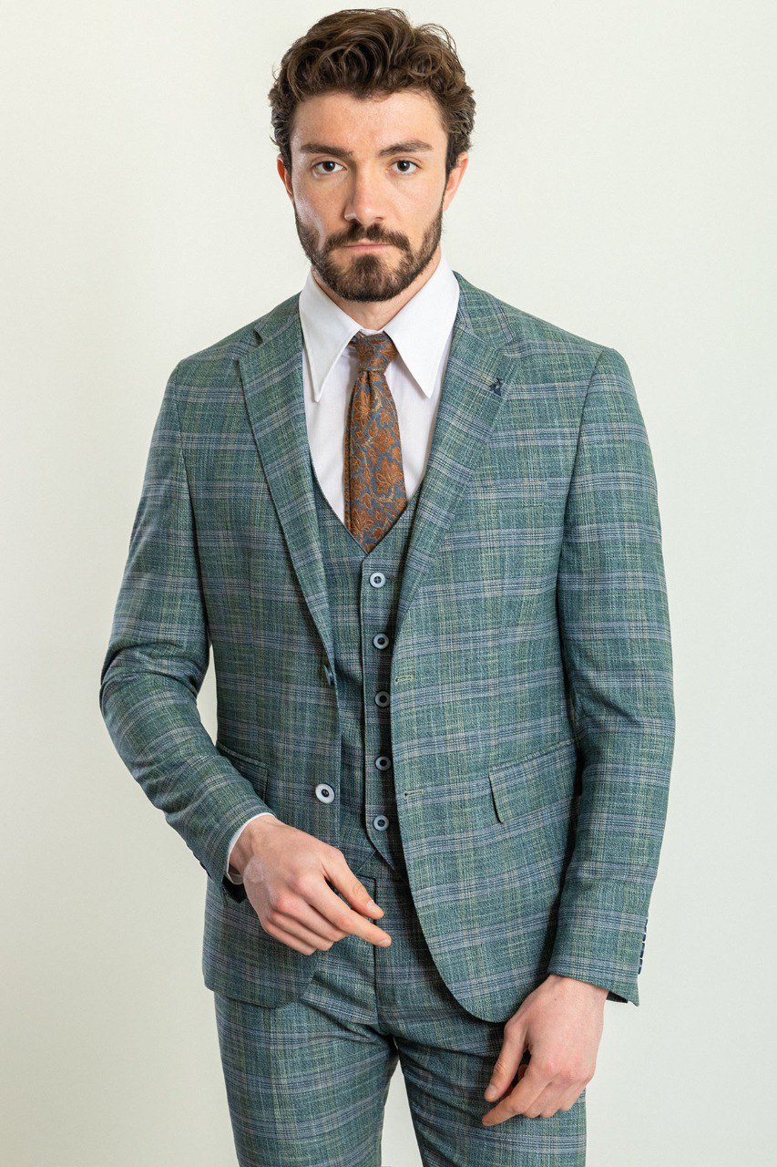 Green Plaid Slim Fit Three-Piece Suit