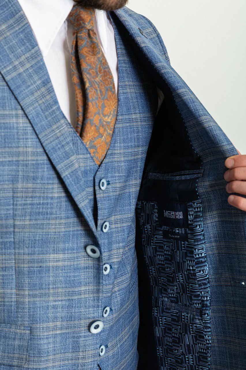 Blue Plaid Slim Fit Three-Piece Suit