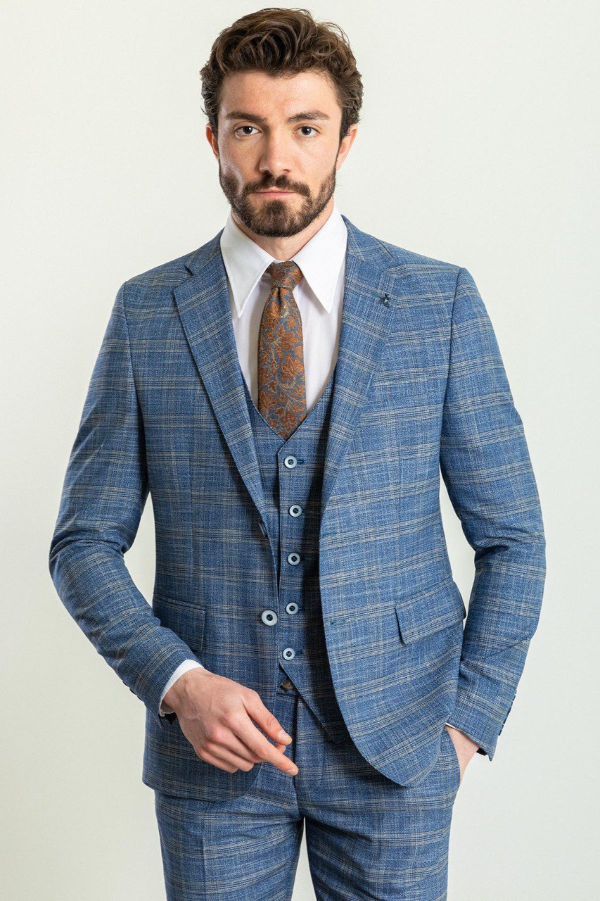 Blue Plaid Slim Fit Three-Piece Suit