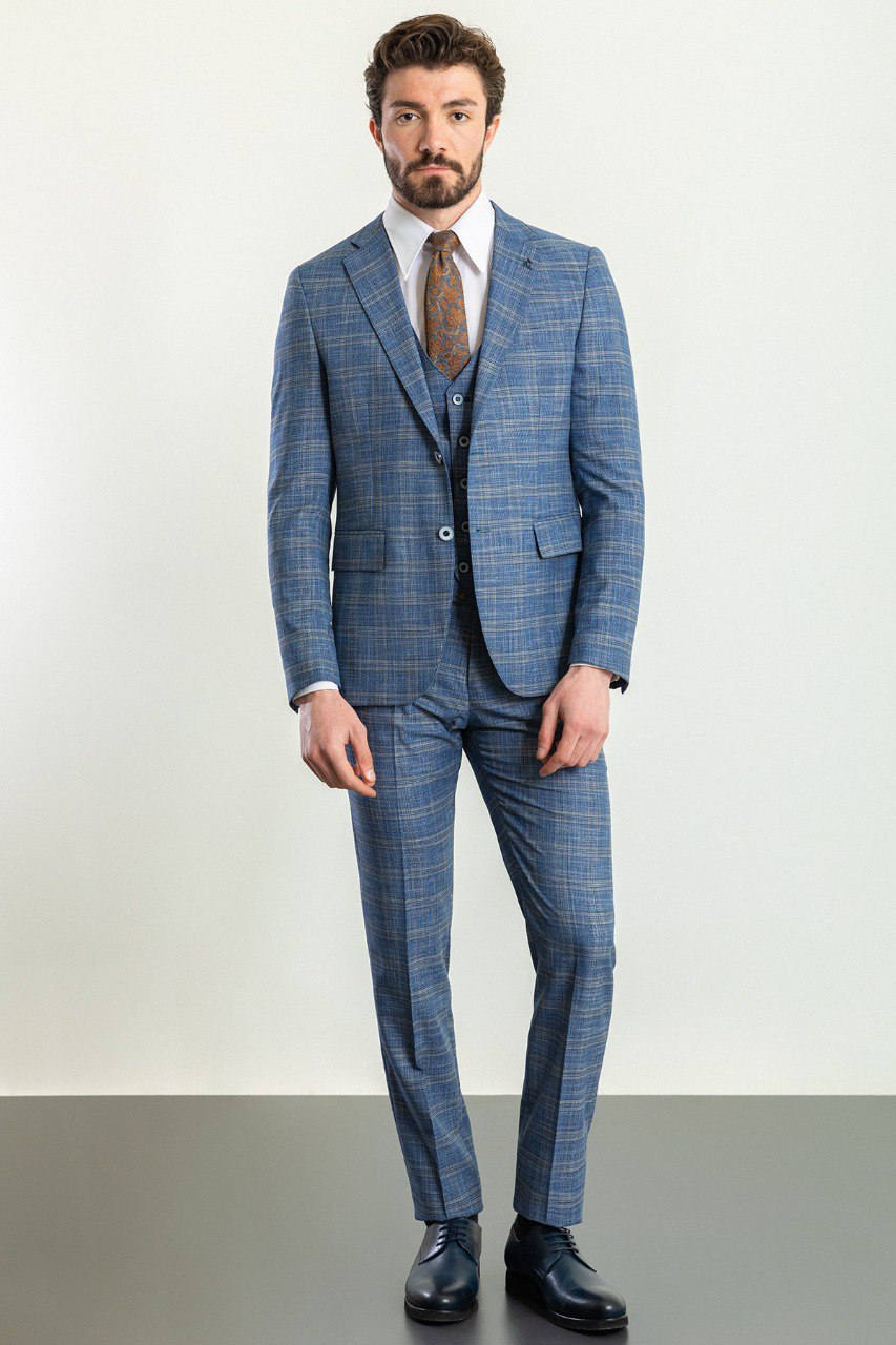 Blue Plaid Slim Fit Three-Piece Suit