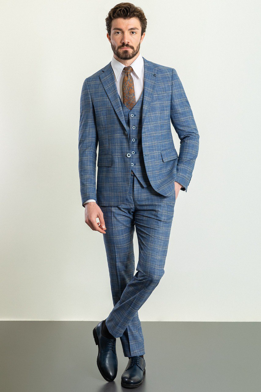 Blue Plaid Slim Fit Three-Piece Suit