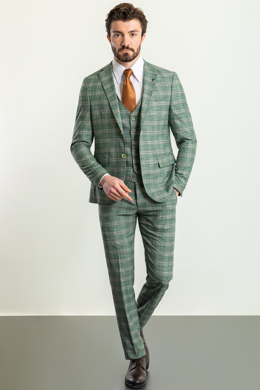 Green Plaid Modern Slim Fit Three-Piece Suit