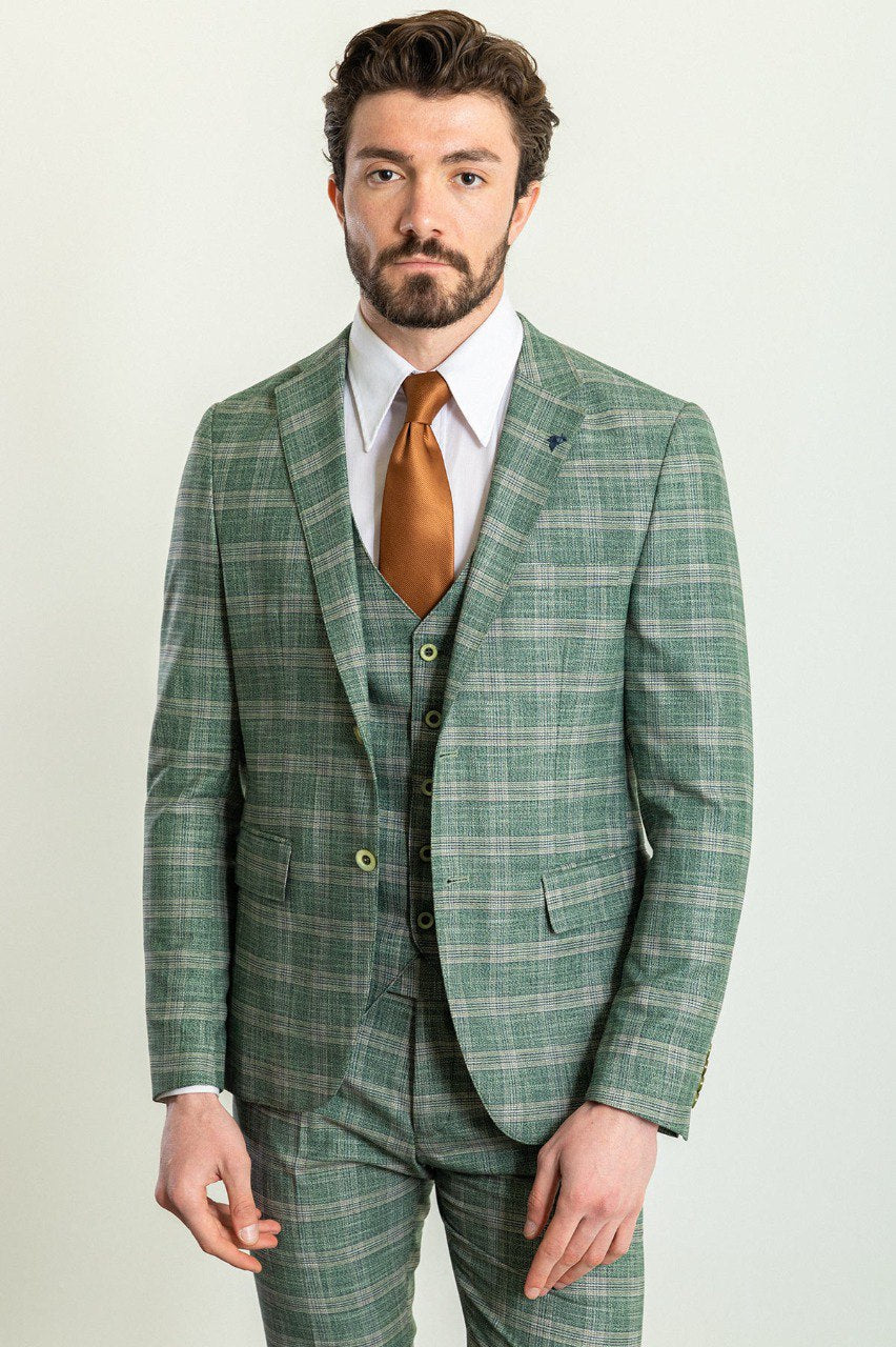Green Plaid Modern Slim Fit Three-Piece Suit