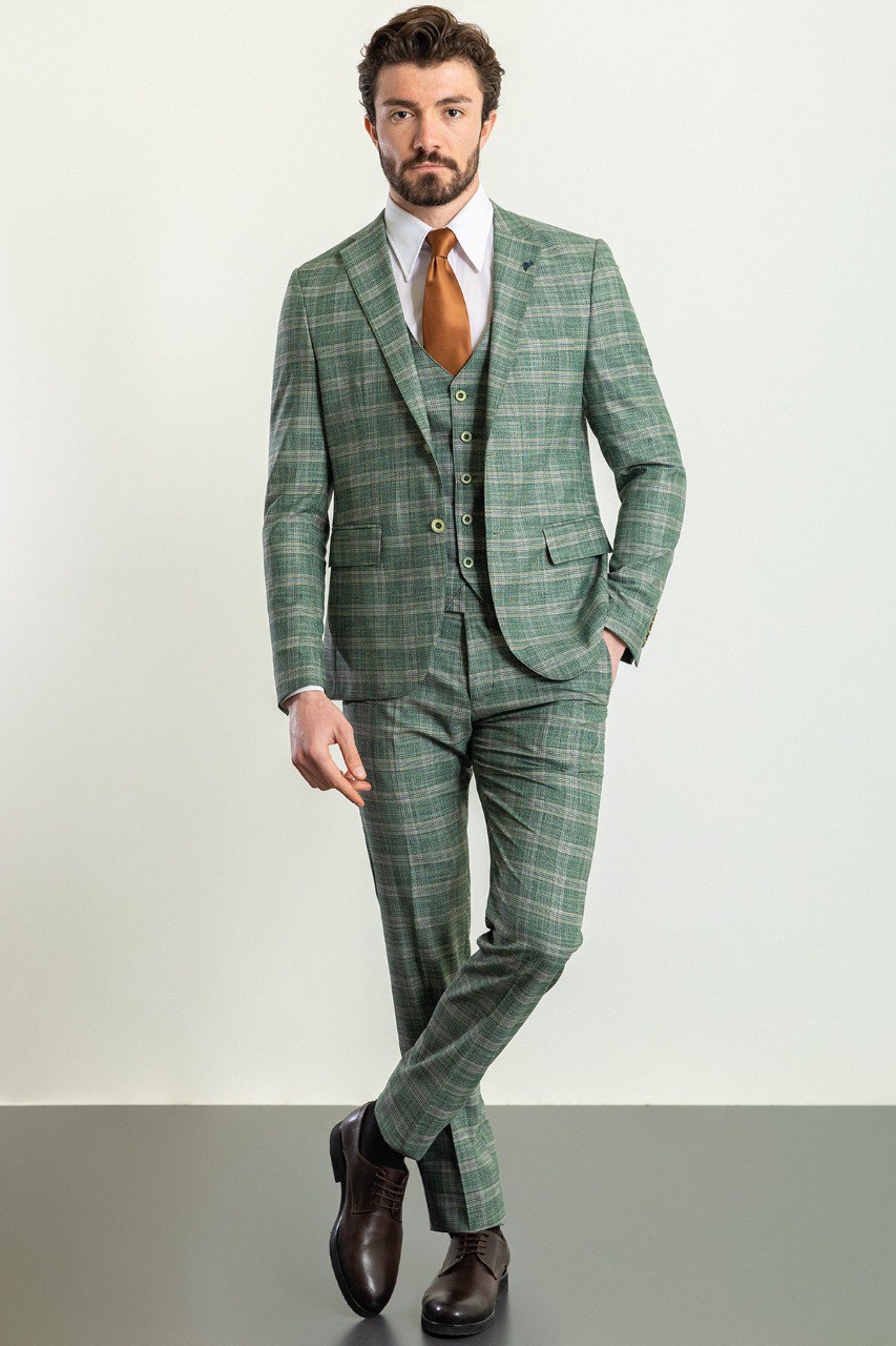 Green Plaid Modern Slim Fit Three-Piece Suit