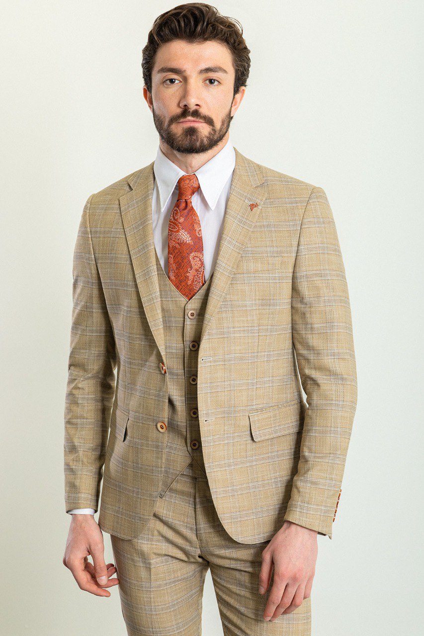Beige Modern Slim Fit Three-Piece Suit