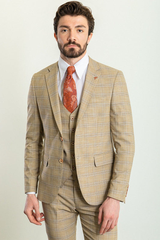 Beige Modern Slim Fit Three-Piece Suit
